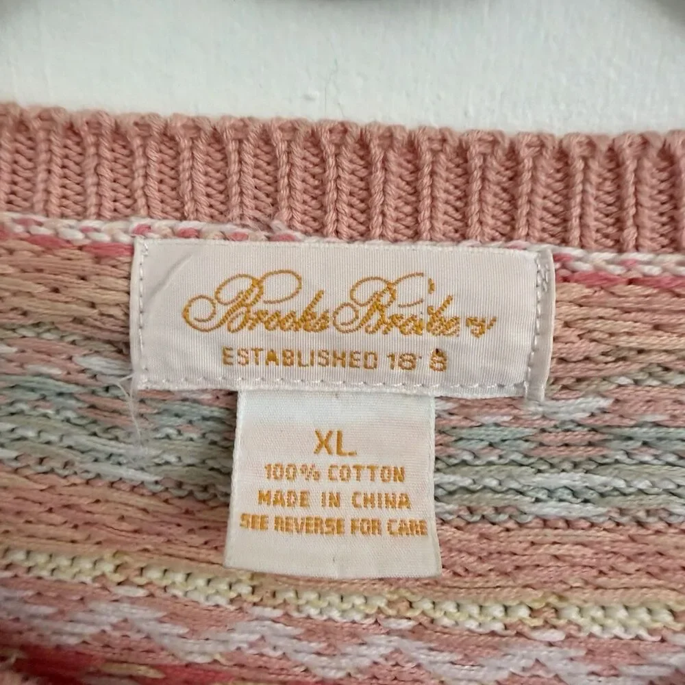 Brooks Brothers Womens XL Fair Isle Knit Sweater‎ Top Pink Cotton Short Sleeve